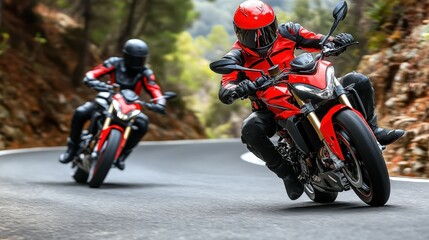 Naklejka premium Two motorcyclists navigate a scenic winding road through majestic mountains, showcasing adventure and the beauty of nature.