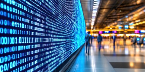 airport with digital binary data overlay 