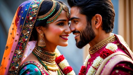 An indian bride and groom in traditional attire