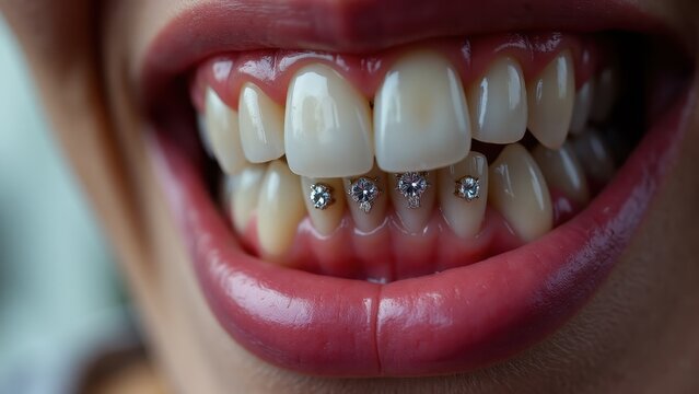 Close-up of a smile with diamond teeth decorations.