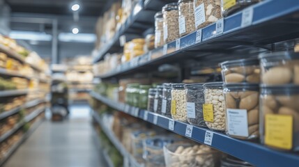 A diverse array of food items displayed neatly on shelves in a retail store, showcasing various categories and choices for customers.