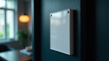 A do not disturb sign mockup on a dark blue door with a blurred background of an office setting.