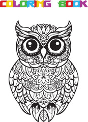 Coloring page for kids, a cute owl with flowers in the style of a cartoon illustration, in black and white, in vector format