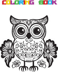 Coloring page for kids, a cute owl with flowers in the style of a cartoon illustration, in black and white, in vector format