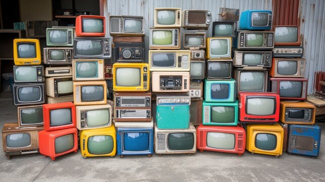 A chaotic arrangement of vintage televisions stacked haphazardly, showcasing the passage of time and the evolution of technology in one striking image.