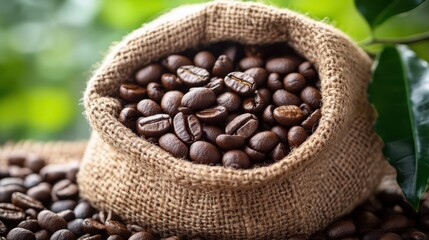 Fototapeta premium A burlap bag filled with coffee beans rests atop a mound of loose coffee beans, showcasing the rich texture and aroma of freshly harvested coffee.