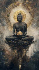 A Buddha with a lotus flower, sitting cross-legged and floating in the air
