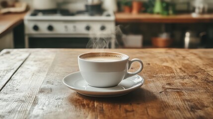 A steaming cup of coffee rests on a saucer, elegantly placed on a polished table surface, inviting warmth and comfort.