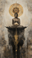 A Buddha with a lotus flower, sitting cross-legged and floating in the air
