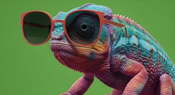 camale&oacute;n con gafas de sol sobre un fondo de color s&oacute;lido, arte vectorial, arte digital, facetado, m&iacute;nimo, abstracto, fondo panor&aacute;mico. IA generativa.
