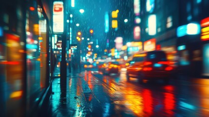 Obraz premium A blurred city street scene at night illuminated by vibrant neon lights and moving cars, capturing the dynamic essence of urban nightlife.