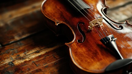 Fototapeta premium A detailed close-up of a violin resting elegantly on a rustic wooden table, highlighting its craftsmanship and rich texture.