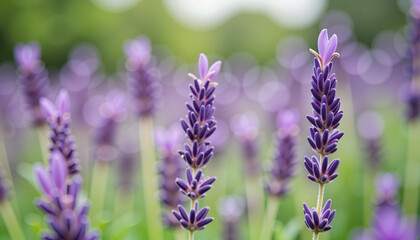 Obraz premium Seasonal flower bloom: Blooming lavender stalks in softly blurred field, tranquility