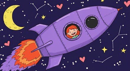 Fototapeta premium Child astronaut in purple rocketship exploring starry night sky with playful hearts and constellations