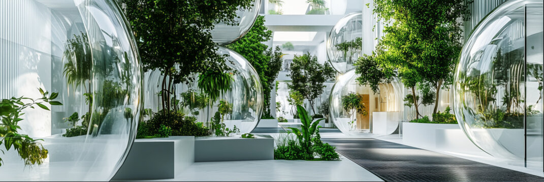 Futuristic greenhouse architecture with glass bio-domes and lush greenery
