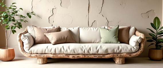 rustic wooden sofa with beige and sage green cushions