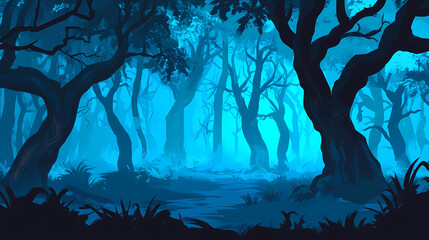 Spooky forest with dark blue filter effect, spooky, forest, tree, landscape, blue, filter, dark, mysterious, eerie. Surreal Haunted Forest. Illustration