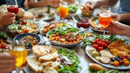 A group of individuals enjoying a meal together at a table, surrounded by plates of various foods and drinks, fostering a sense of community and togetherness.