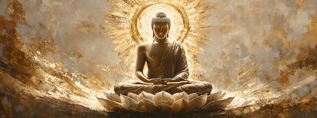 A Buddha with a lotus flower, sitting cross-legged and floating in the air
