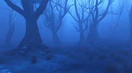 Spooky forest with dark blue filter effect, spooky, forest, tree, landscape, blue, filter, dark, mysterious, eerie. Surreal Haunted Forest. Illustration