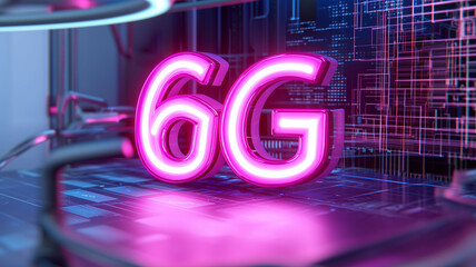 Neon Glowing 6G Text in Futuristic Digital Cityscape with Holographic Elements
