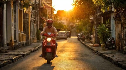 A man with a beard rides a red scooter along a street, illuminated by the warm hues of sunset, capturing a moment of freedom and adventure.