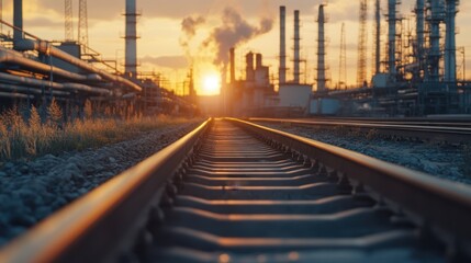 Fototapeta premium Aerial view showcasing a train track leading towards a factory, highlighting industrial infrastructure and transportation synergy.