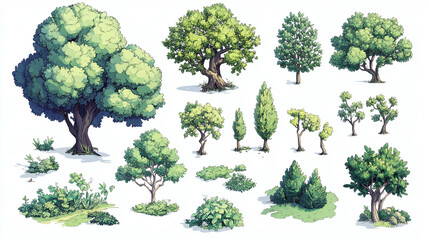 Set of various cartoon style green tree game assets with different shapes and foliage, isolated on white background.