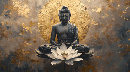 A Buddha with a lotus flower, sitting cross-legged and floating in the air
