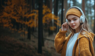 Young woman wearing headphones in autumn woods, enjoying nature's sounds.
