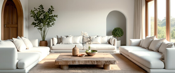 serene living room with modular sofas and rustic wooden coffee table