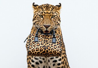 Obraz premium Leopard holding stylish animal print bag against minimalist background