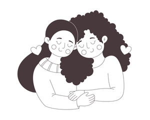 Cute happy lesbian couple hugging. Love is Love. Happy Valentines Day. LGBT, Pride community. Vector doodle illustration, hand drawn design