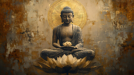 A Buddha with a lotus flower, sitting cross-legged and floating in the air
