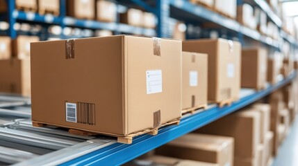 A detailed close-up view of a box resting on a wooden pallet inside a spacious warehouse environment.