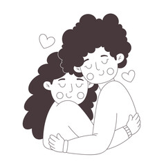 Cute happy lesbian couple hugging. Love is Love. Happy Valentines Day. LGBT, Pride community. Vector doodle illustration, hand drawn design