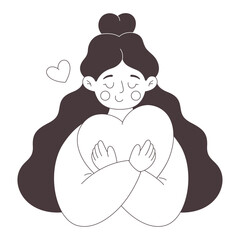Woman with red heart. Love yourself. Self-care and acceptance. Mental health concept. Vector doodle illustration, hand drawn design