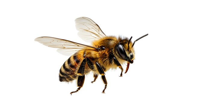 una abeja impresionante vuela, aislada sobre fondo transparente, macro, polinizador incre&iacute;ble, IA generativa
