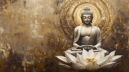 A Buddha with a lotus flower, sitting cross-legged and floating in the air
