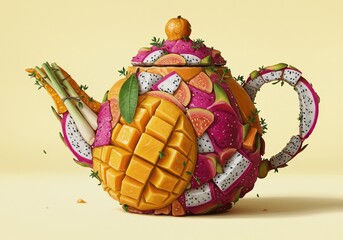Tropical fruit teapot: vibrant design with mango, dragon fruit, orange