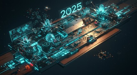 Futuristic 2025 circuit board with holograms and robotics in a digital landscape