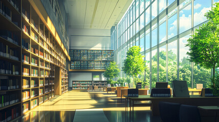 Modern, cozy library with large windows and natural light, elegant reading area with wooden shelves and comfortable seating
