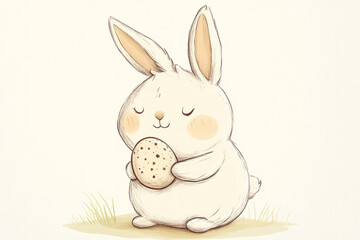 A sweet cartoon-style Easter Bunny with chubby cheeks and floppy ears, gently cradling a tiny, speckled Easter egg in its paws.