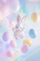 Fototapeta premium A serene Easter Bunny floating across a soft, pastel rainbow, with gently rotating Easter eggs drifting beside.