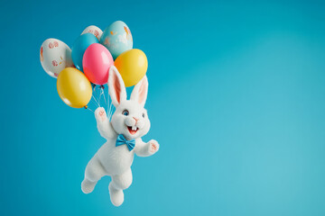 A playful Easter Bunny flying through the air, holding a bunch of helium-filled egg-shaped balloons, giggling with joy.