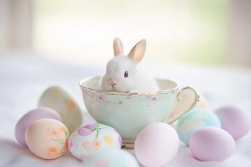 A tiny Easter Bunny nestled inside a teacup, peeking over the rim as pastel-colored Easter eggs surround the delicate porcelain cup.