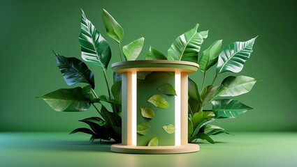 Elegant podium display surrounded by lush greenery