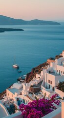 Fototapeta premium Serene mediterranean view: santorini's white architecture and idyllic sunset over aegean sea