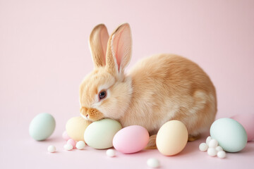A tiny baby Easter Bunny nuzzling against a larger bunny, both surrounded by scattered Easter eggs in soft pastel shades.