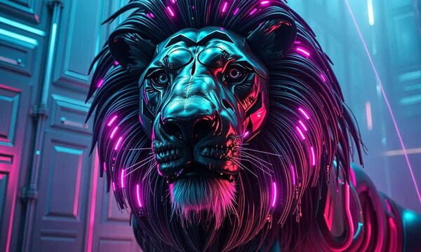 Cyberpunk Big Lion, Featuring Neon Lighted Circuit Patterns in Electric Blue and Magenta. Background Has Futuristic Holographic Look with Customizable Lighting Effects. 4k